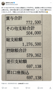 【悲報】ボーナス120万円の人、ほぼ半分取られてしまう