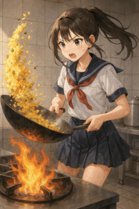 【画像あり】AIにチャーハン作ってるJKの画像生成してもらった