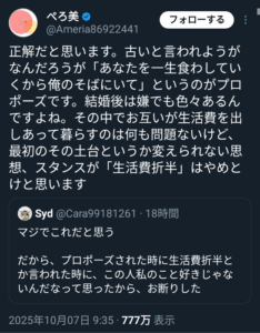 【悲報】女さん「生活費を折半にする男は論外」→9万いいね！