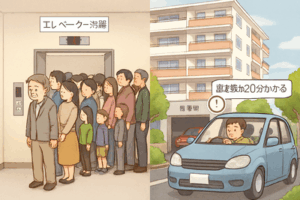 マンション住みｗエレベーター渋滞しますｗ車を敷地から出すまで20分かかりますｗ