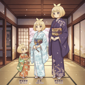 豊臣秀頼（身長146cm）、淀殿（身長168cm）、豊臣秀頼（身長193cm）