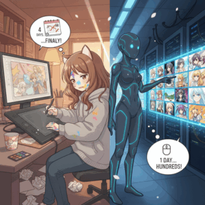 【悲報】絵師「ﾊｧﾊｧ…やっと完成したぞ」(4日で1~2枚)　AI絵師「ﾎﾟﾁｯ」(1日で数百枚)