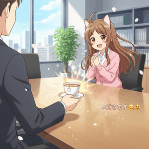 取引先「どうぞ」（お茶ｽｯ…） ぼく「おっ、いただきます😋」 取引先「…」