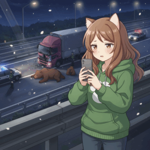 三陸道でクマとトラック衝突　氏んだクマは成獣か…子グマ2頭が数時間とどまり続け